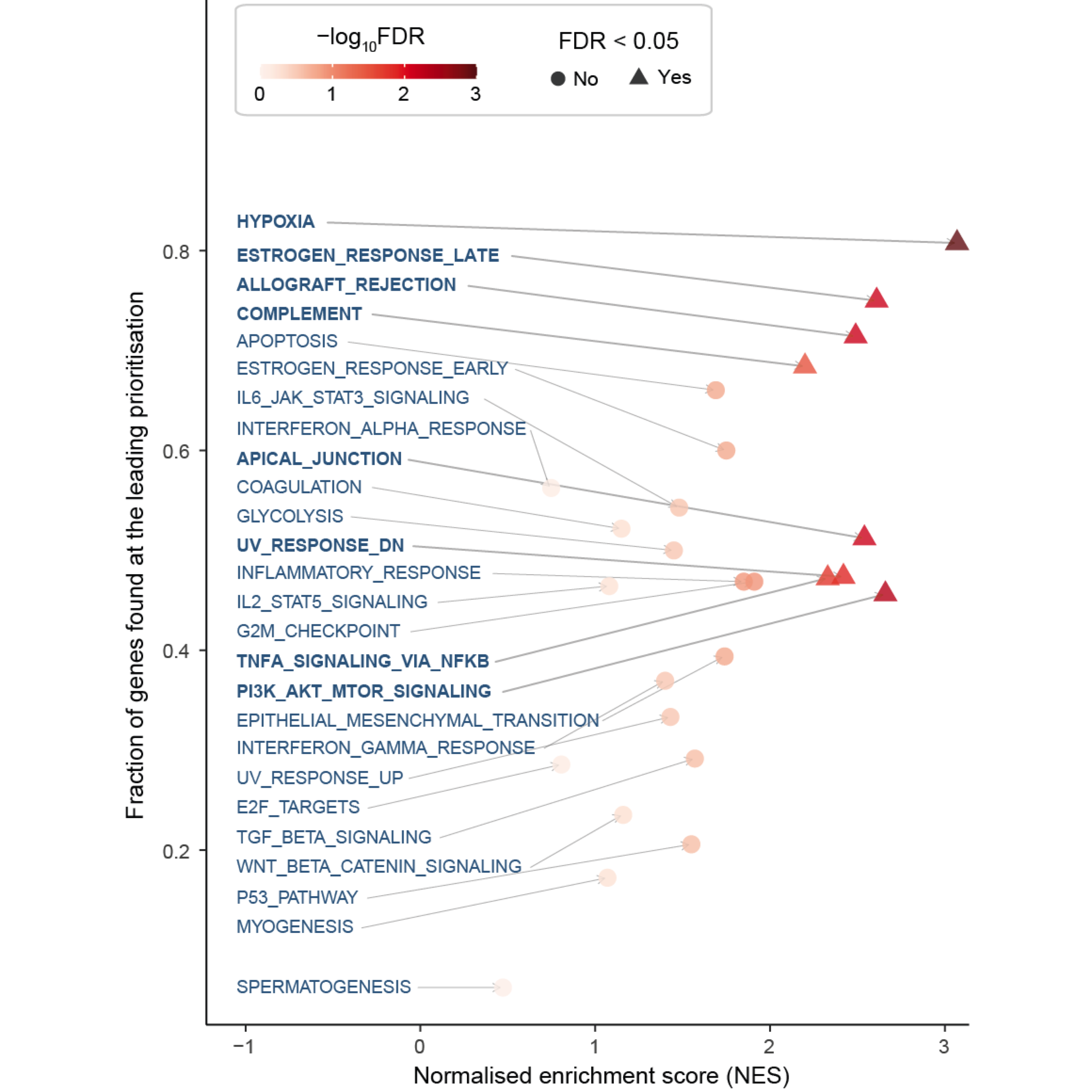 Scatter plot of molecular hallmark enrichments, including normalised enrichment score (x-axis), fraction of hallmark genes found at the leading prioritisation (y-axis), and the enrichment significance (FDR) calculated using gene set enrichment analysis (GSEA).