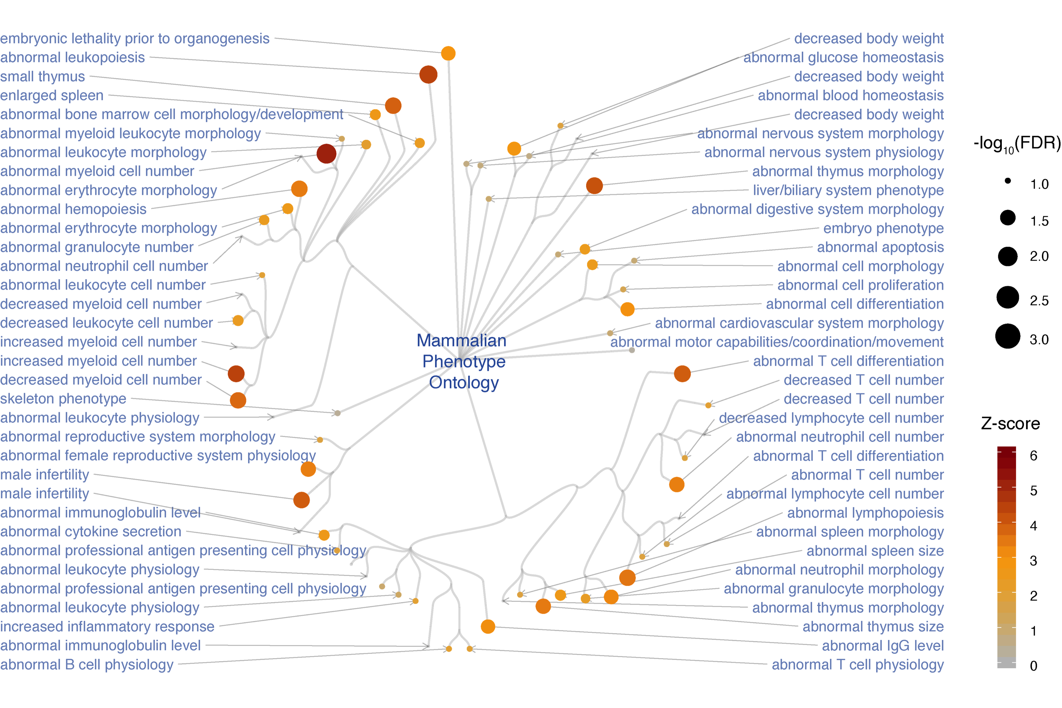 Circular illustration of mouse phenotypes enriched in subnetwork genes. Based on mammalian phenotype ontology used for annotating mouse knockout genes.