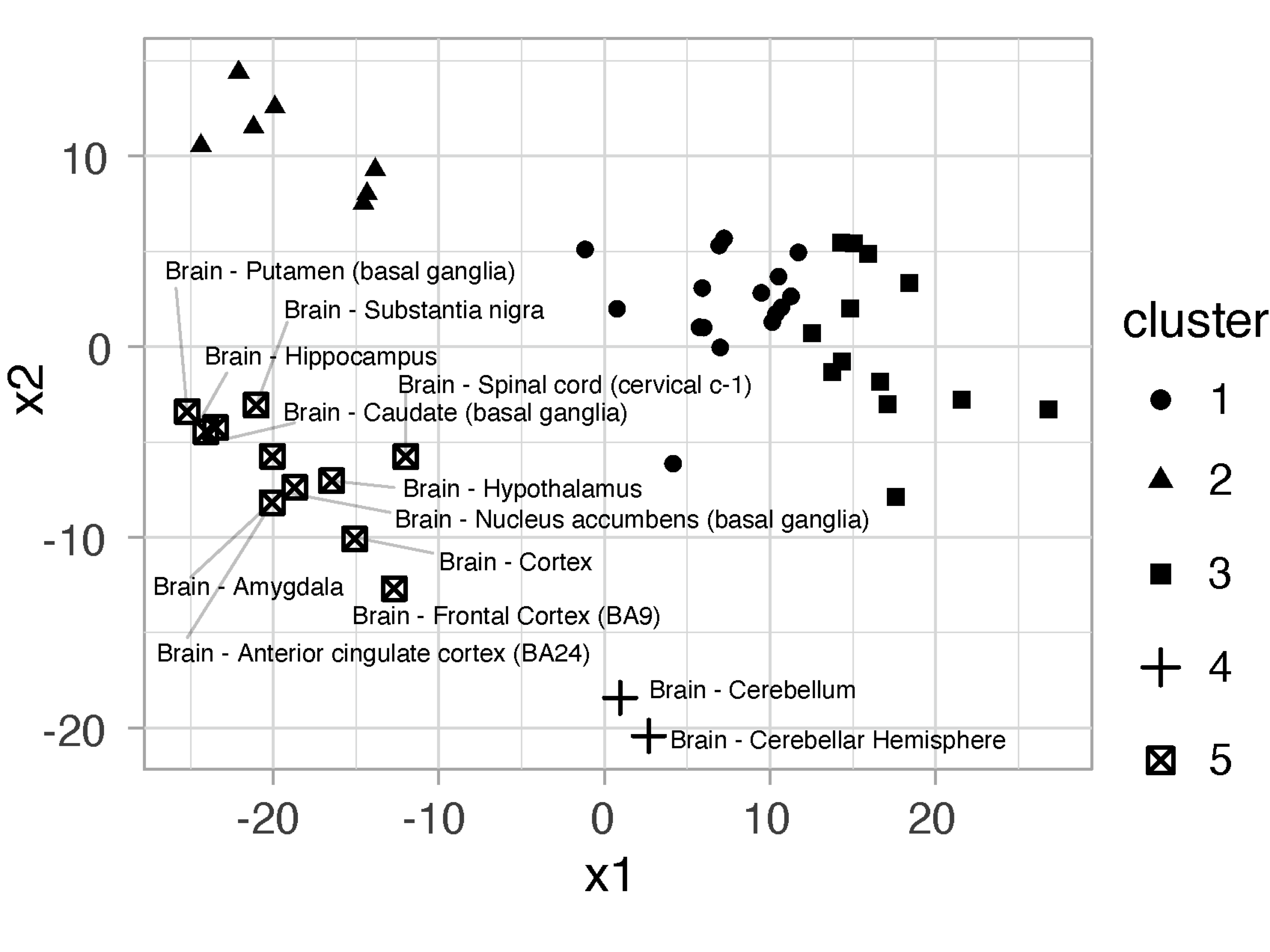 Dot plot of tissues at k=5, shaped by clusters. Brain-derived tissues are labelled to show that all brain tissues are clustered together (cluster 5) except two cerebellar tissues (cluster 4).