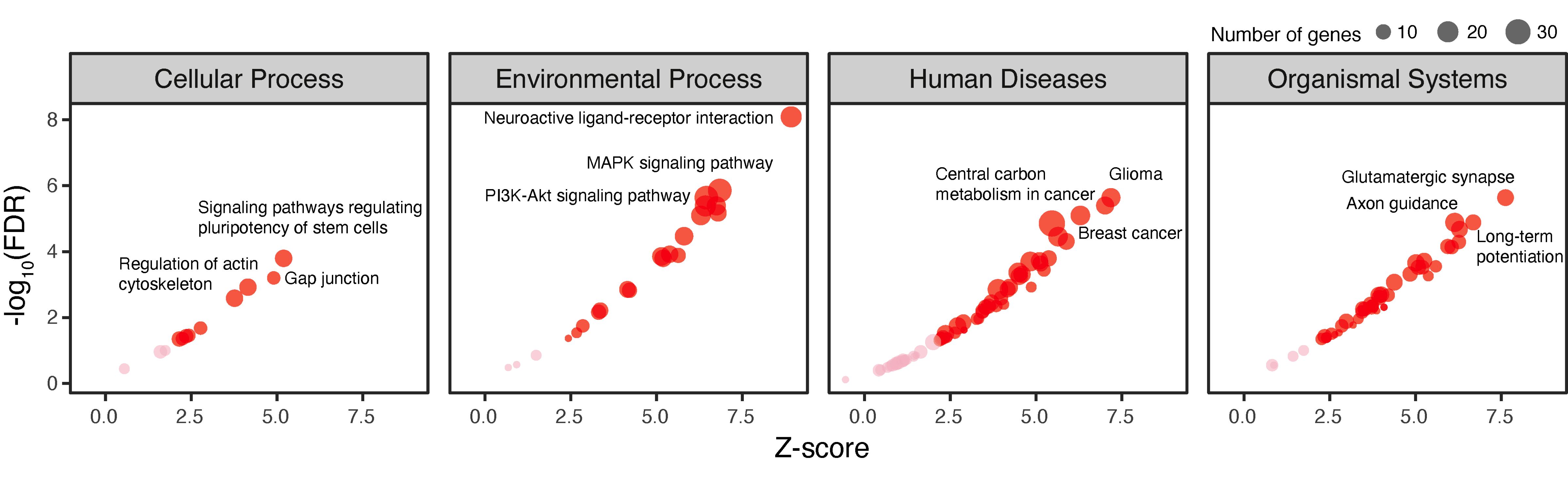 Pathway analysis of genes involved in interactions abundant in cluster 5. Based on KEGG pathways grouped into four categories. The dot plot is shown separately for each category, with the top 3 enriched pathways labelled for each category using one-sided Fisher's exact test.