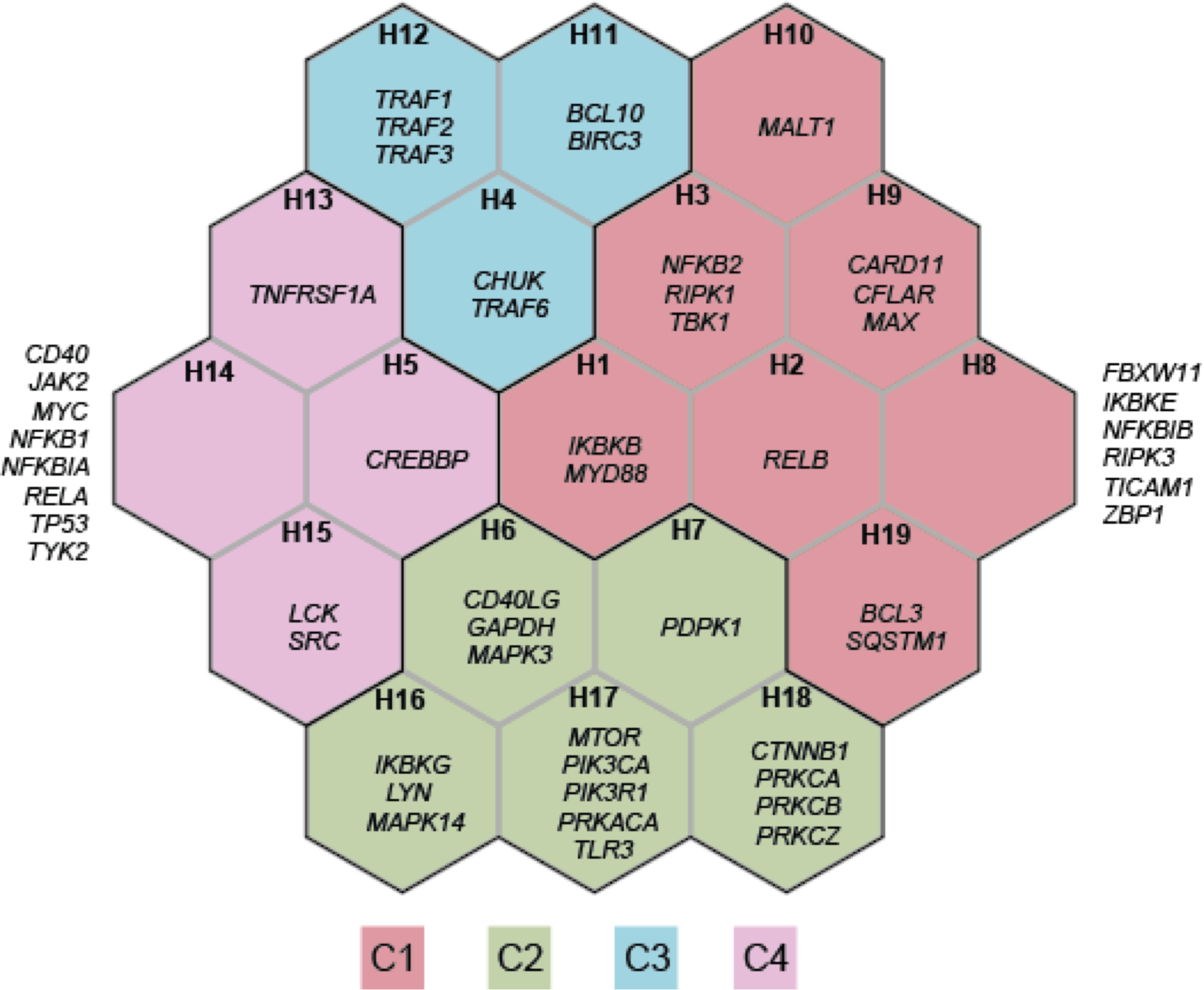 Comparisons using the supra-hexagonal map. This map was learned from the prioritisation information of 53 crosstalk genes in kidney stone disease (KSD) and 8 immune-related traits. Each map illustrates a trait-specific crosstalk gene prioritisation profile. Across traits, genes with similar prioritisation patterns are mapped onto the same or nearly position in the map. The outermost frame represents the landscape for the traits analysed, from which geometric locations of traits delineate their relationships (by the similarity of prioritisation profiles between traits). AS: Ankylosing Spondylitis; CRO: Crohn's Disease; MS: Multiple Sclerosis; PSO: Psoriasis; RA: Rheumatoid Arthritis; SLE: Systemic Lupus Erythematosus; T1D: Type I Diabetes; UC: Ulcerative Colitis.